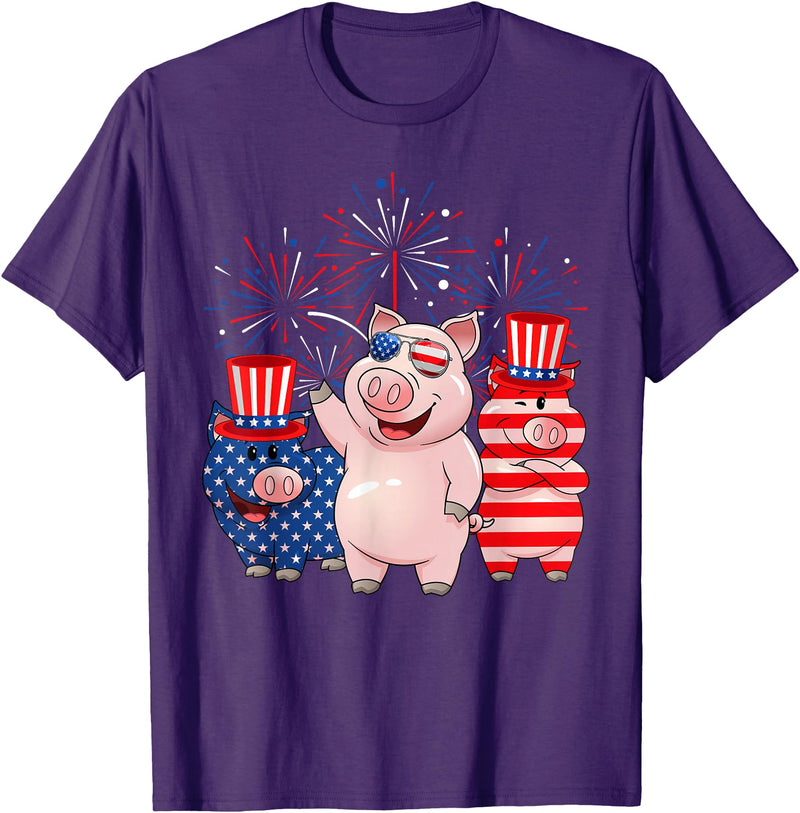 Ohia Three Patriotic Pigs USA Independence Day Tee Funny Red White Blue Pig American Flag Farmer 4th Of July T-Shirt - Purple
