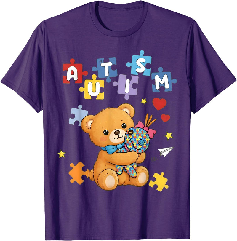 Cute Autism Awareness Puzzle Cute Autism Awareness Bear Colorful Puzzle T-Shirt - Purple