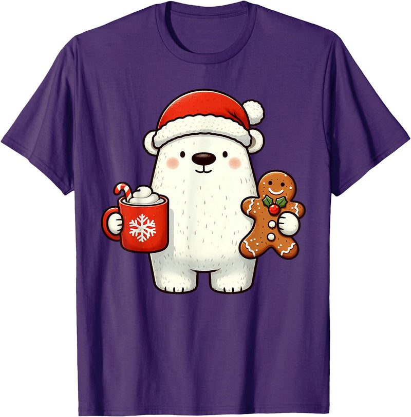 Cute Polar Bear Beanie Christmas Kawaii Japanese Polar Bear Santa Hat Christmas Holiday Xmas Coffee Cookies T-Shirt - Purple