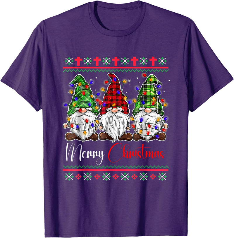 Xmas Lights Gnomes Holiday Graphics Merry Christmas Leopard Buffalo Red Plaid for Men Women T-Shirt - Purple