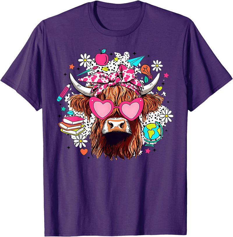 Cute Highland Cow Funny Teacher Life Retro Cute Highland Cow Teacher Bow Flower Heart Glasses T-Shirt - Purple