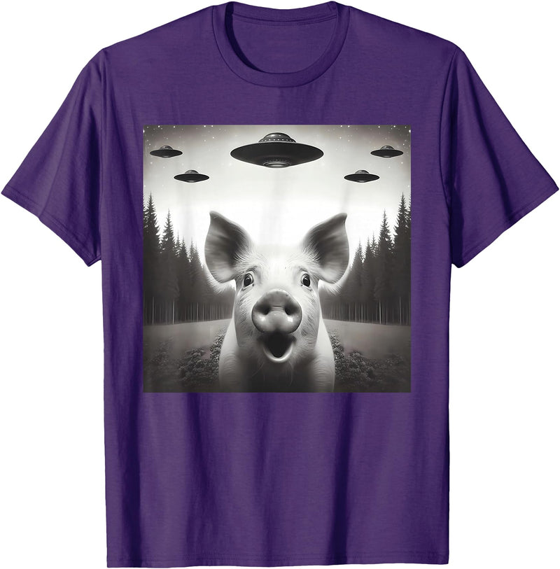 Funny Pig Selfie With UFOs Funny Pig Selfie UFO Alien Humor Vintage Print Art Design T-Shirt - Purple