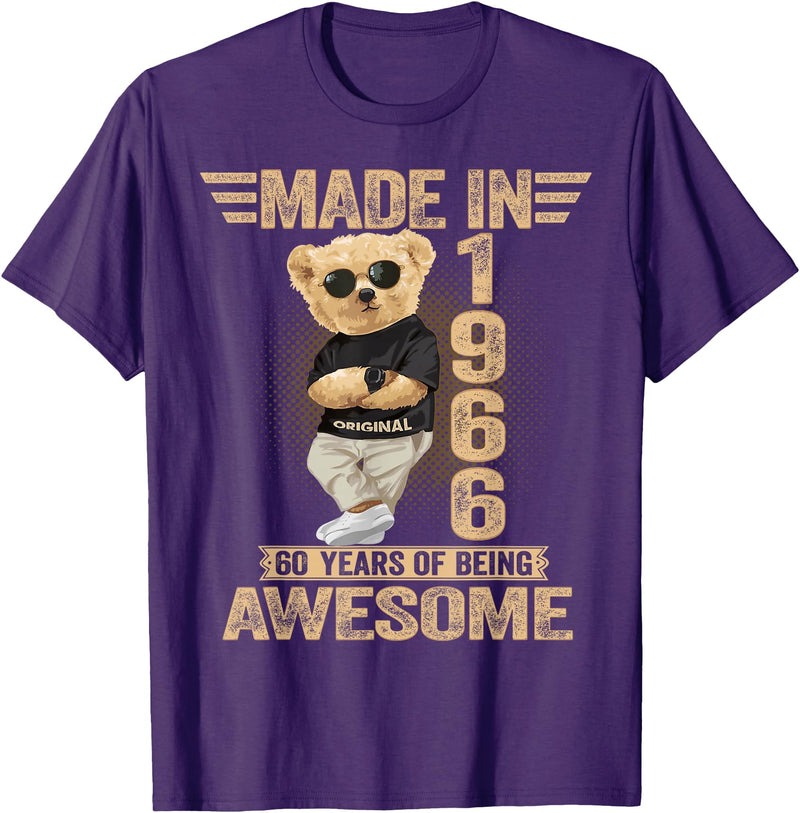 Vintage 60th Birthday 2026 Gifts Men Women 1966 60 Year Old Made in 1966 Teddy Bear 60th Birthday Men Women T-Shirt - Purple
