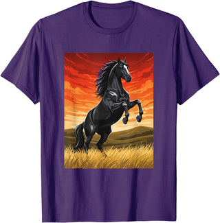 Horse Ranch Cowboy Western Equine Stallion Wy Black Horse Rearing Sunset Ranch Horse Art Print Wy T-Shirt - Purple