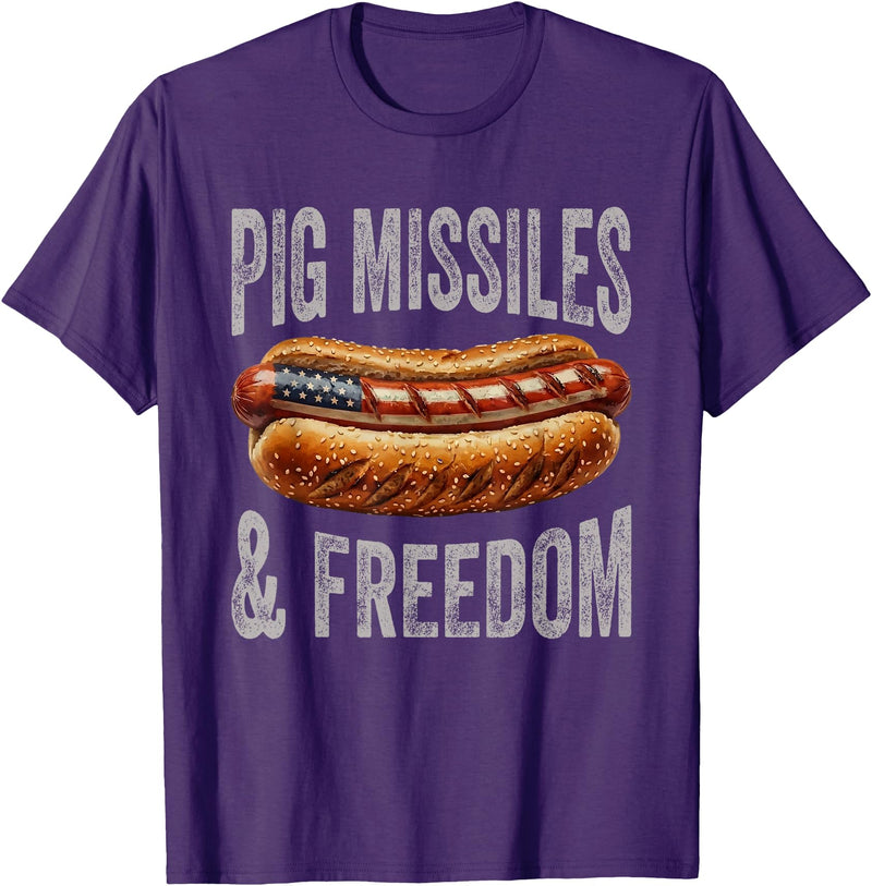 Pig Missiles Freedom 4th Of July Patriotic BBQ Tee Pig Missiles and Freedom Funny Patriotic Hotdog 4th July T-Shirt - Purple