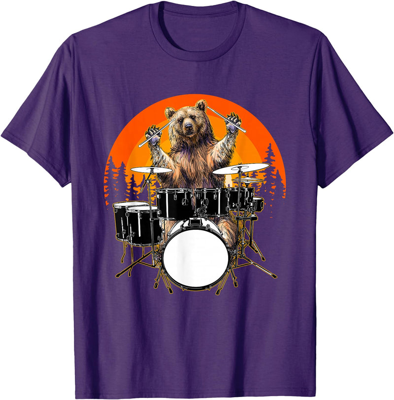 Drum Instrument Drummer Apparel Musical Animal Bear Playing Drums For Drum Lover And Musical Drummer Lover T-Shirt - Purple