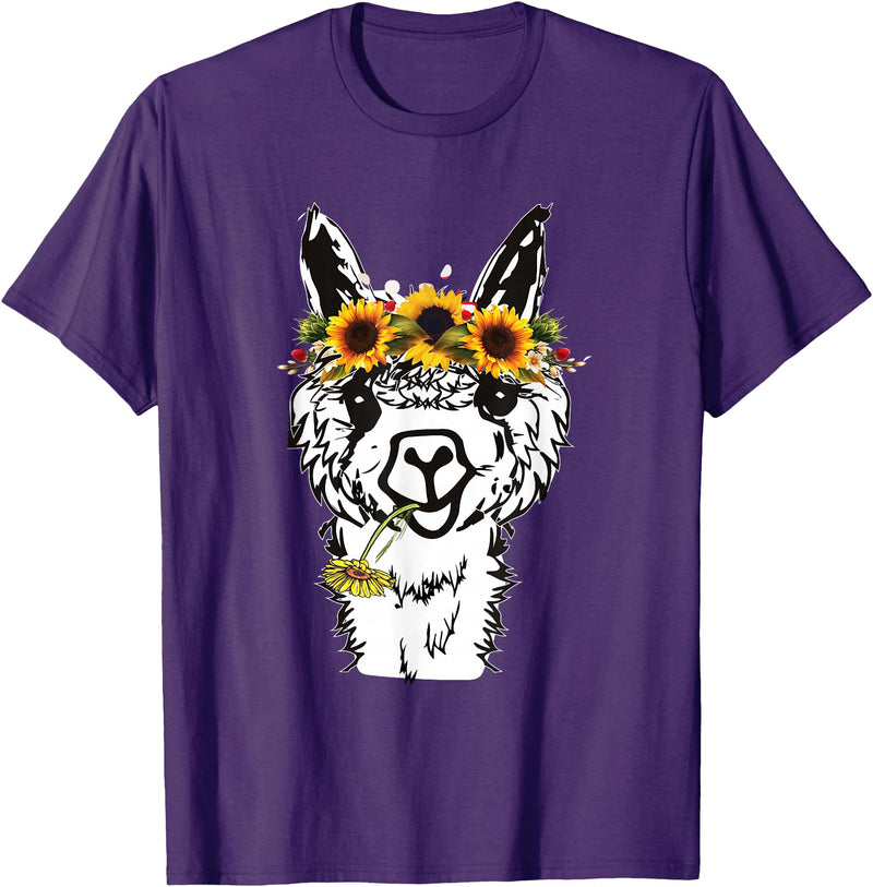 Funny Llama Alpaca Animal Lover Women's Floral Llama Alpaca Funny Graphics T-Shirt - Purple