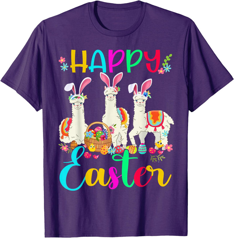 Happy Easter Three Llama Wearing Bunny Ear Happy Easter Llama Lover Three Llama Wearing Bunny Ear T-Shirt - Purple
