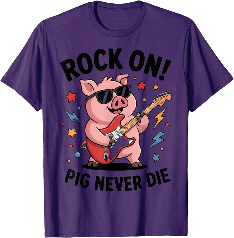 Musical Pig Tribe Collective for Rock Enthusiasts Rock On Pig Never Die Music Lovers Funny Concert Vibe T-Shirt - Purple