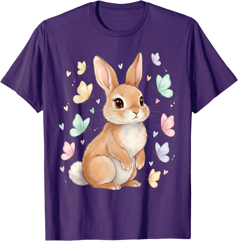 Vintage Spring Easter Bunny Rabbit Butterfly Women Girls T-Shirt in Purple