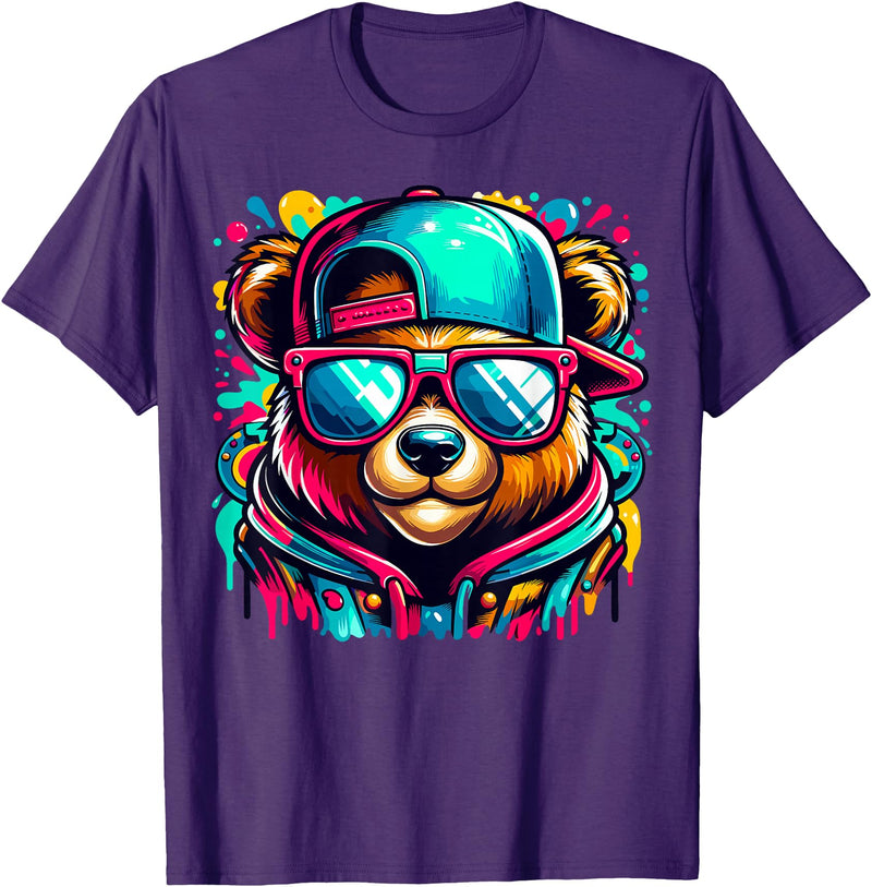 Funny Teddy Bear Lovers Colorful Hip Hop Teddy Bear Sunglasses Rap Music T-Shirt - Purple