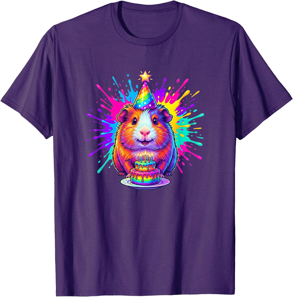 Cute Birthday Guinea Pig Rainbow Cake Party Hat Happy Birthday Guinea Pig Rainbow Cake Party Hat T-Shirt - Purple