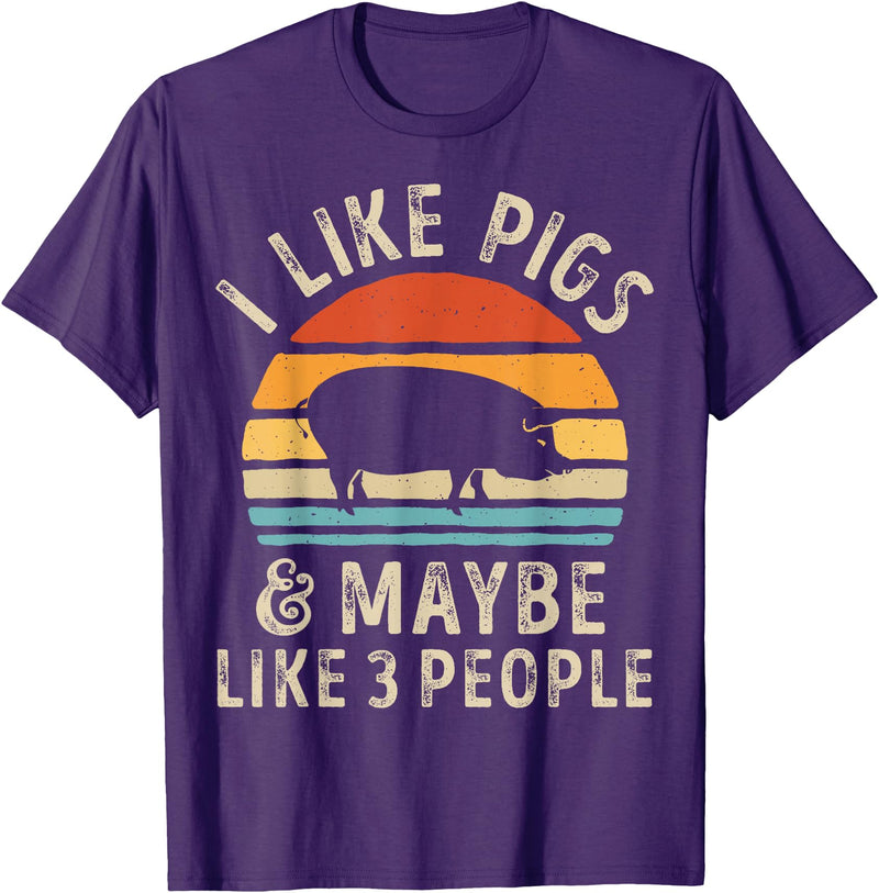 Piggy Squad Co I Like Pigs and Maybe Like 3 People Pig Lover Farmer Retro T-Shirt - Purple