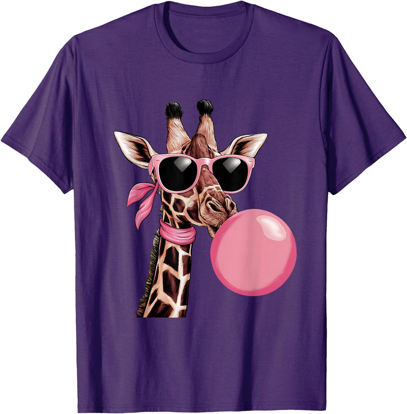 Funny Giraffe Lover Design Outfit Funny Cute Giraffe Pink Bubble Gum and Pink Sunglasses T-Shirt - Purple