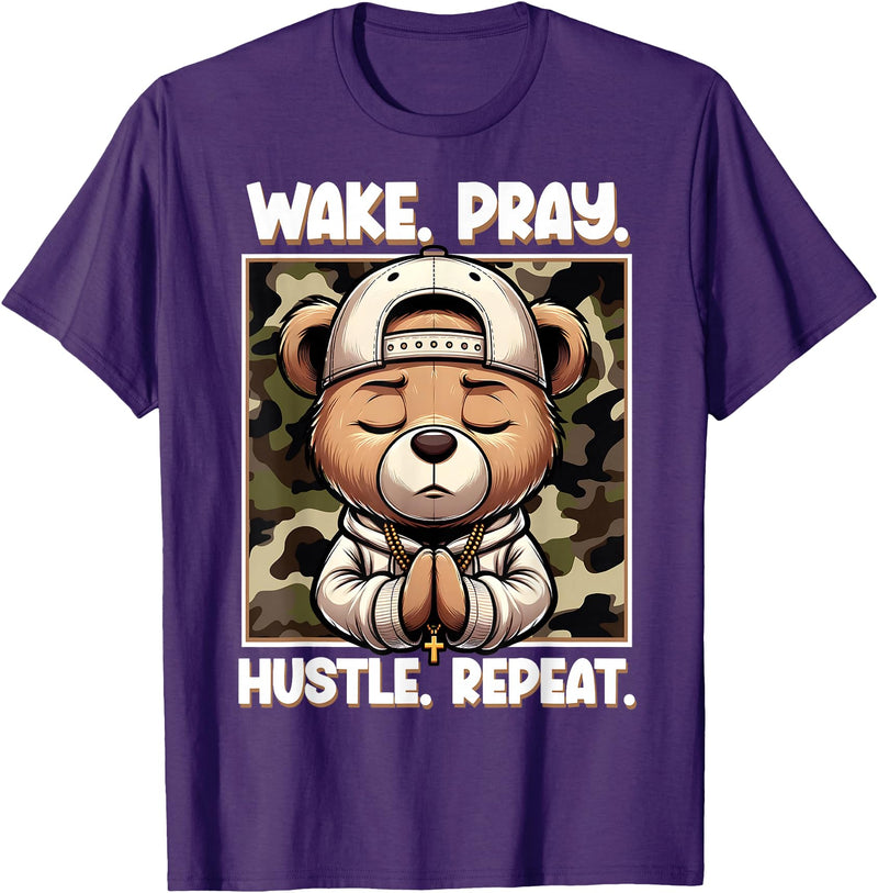 Camouflage Hip Hop Teddy Bear Hustle Grind Designs Wake Pray Hustle Repeat Hip Hop Teddy Bear Boys Teens Camo T-Shirt - Purple