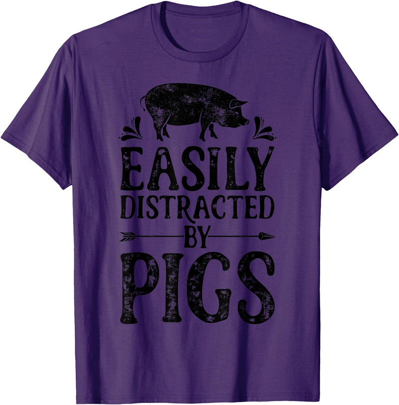 Piggy Squad Co Pig Easily Distracted By Pigs Funny Farmer Farm Animal Lover T-Shirt - Purple