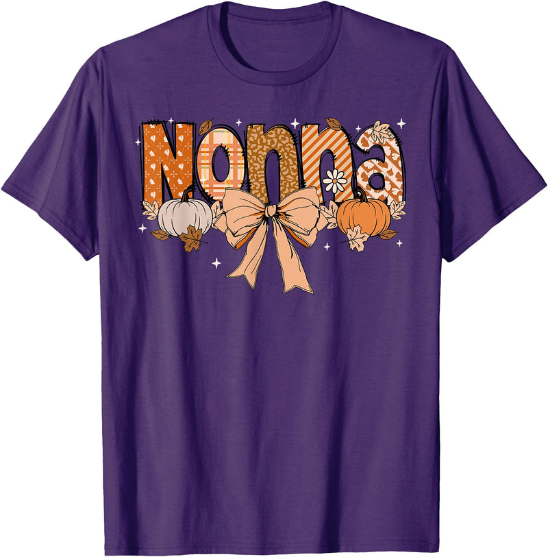 Pumpkin Fall Leopard Happy Thanksgiving Mat Nonna Pumpkin Fall Coquette Bow Thanksgiving Mom Women T-Shirt - Purple
