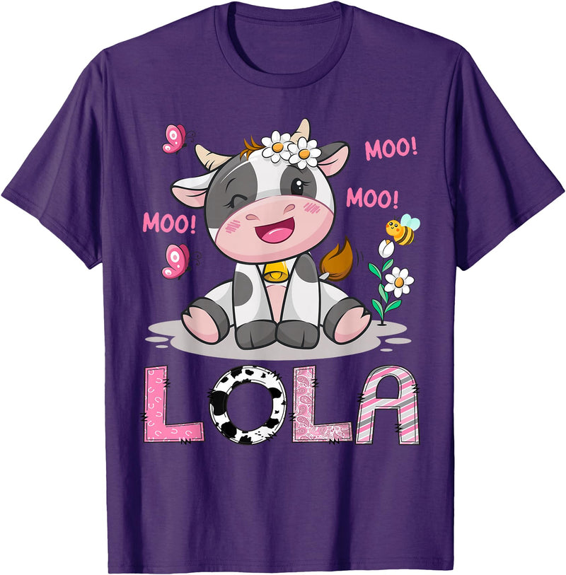 Birthday Girl Party Cow Lover Lola Cute Cow Moo Moo Farmer Birthday Girl Matching T-Shirt - Purple