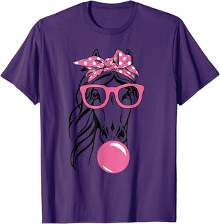 Funny Horses Lover Ladies Cute Horse Bandana Headband Glasses T-Shirt - Purple