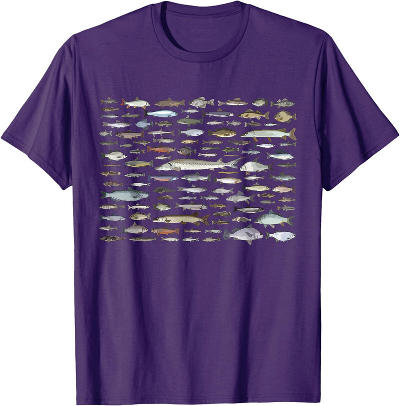 100 Types Of Fish Species Tee 100 Types of Freshwater Fish Species Fishing T-Shirt - Purple