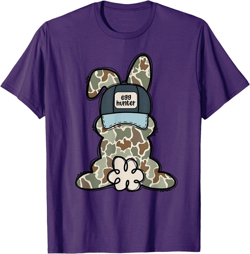 Funny Bunny Camouflage Egg Hunter Rabbit Happy Easter Trendy T-Shirt in Purple
