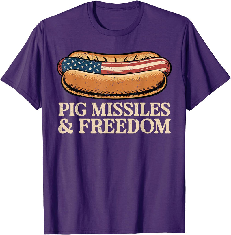 Funny Hot Dog BBQ 4th of July Tees Pig Missiles and Freedom 4th of July Patriotic Hotdog T-Shirt - Purple