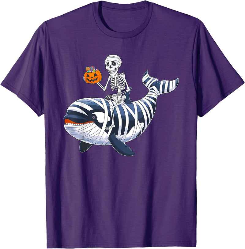 Orca Skeleton Halloween Whale Apparel Co. Skeleton Riding Mummy Orca Halloween Candy Whale T-Shirt - Purple