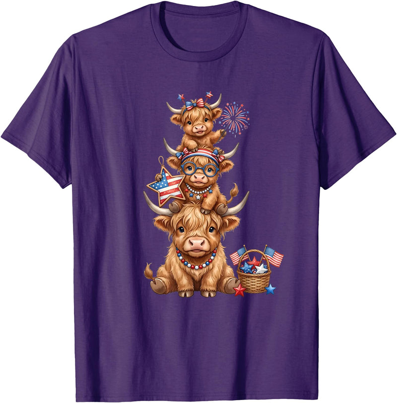 Funny 4th Of July Highland Cow Apparel Cute Highland Cow 4th of July Patriotic American Flag T-Shirt - Purple