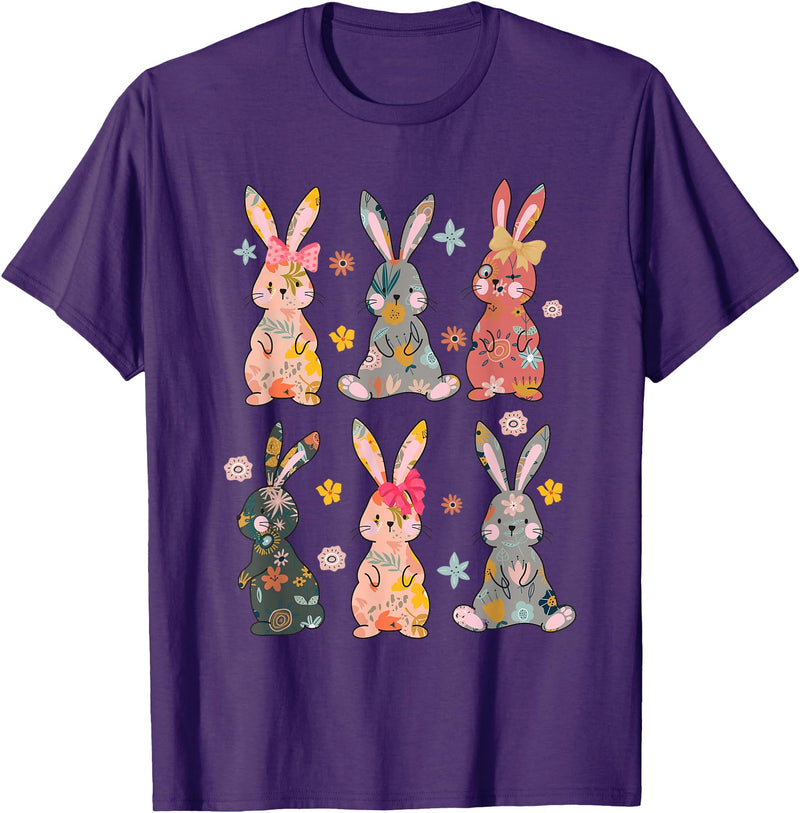 Vintage Retro Bunny Floral Flower Rabbit Easter Day Womens T-Shirt in Purple