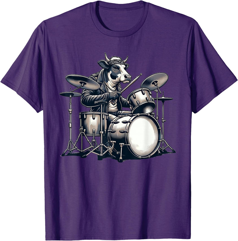 Cute Cow Playing Drums Cow Lover Apparel Cute Cow Playing Drums Cows Drummer Music T-Shirt - Purple