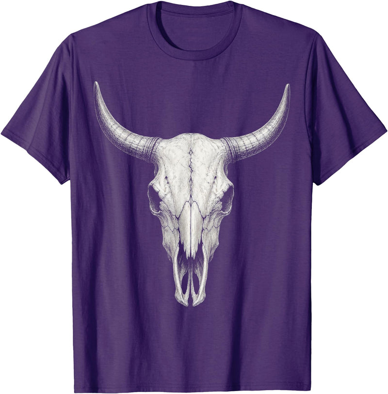 Country Western Rodeo Clothing Co. Vintage Bull Skull Western Cow Skull Longhorn Cattle Sketch T-Shirt - Purple