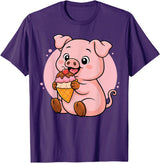 Funny Cute Pig Ice Cream Kawaii Design Pig Eating Ice Cream Graphic Boys Girls Pig Lover T-Shirt - Purple