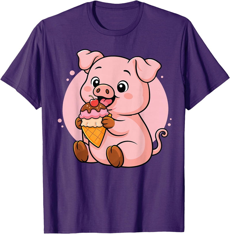 Funny Cute Pig Ice Cream Kawaii Design Pig Eating Ice Cream Graphic Boys Girls Pig Lover T-Shirt - Purple