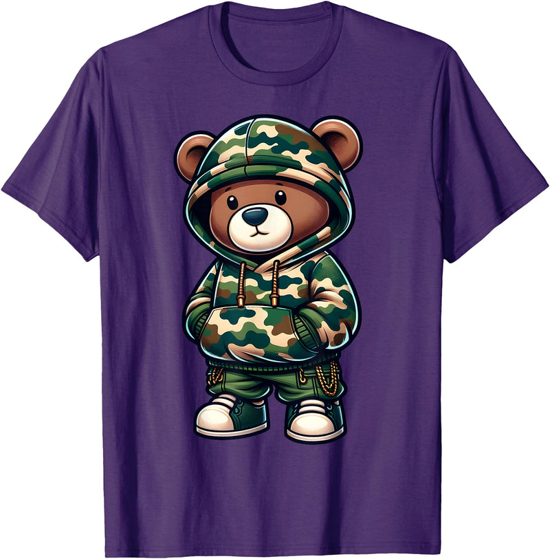 Camo Teddy Bear Hip Hop Designs for Men & Boys Camo Hip Hop Teddy Bear Camouflage Gangsta Streetwear Hustle T-Shirt - Purple