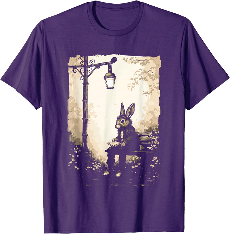 Rabbit with Book on Park Bench Bunny Lover, Men, Women, Kids T-Shirt in Purple