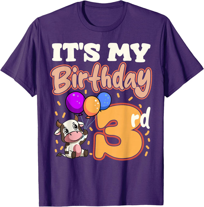 Cow Birthday 3 Party Farmyard Apparel Cow 3rd Birthday Party Balloons Moo Farm Animal Vet Barn T-Shirt - Purple