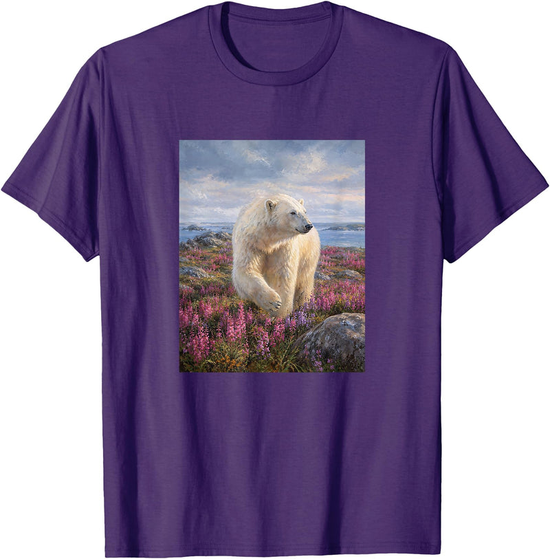 Dee Claire Art & Designs Polar Bear Summer Wildflower Meadow Nature Artwork T-Shirt - Purple