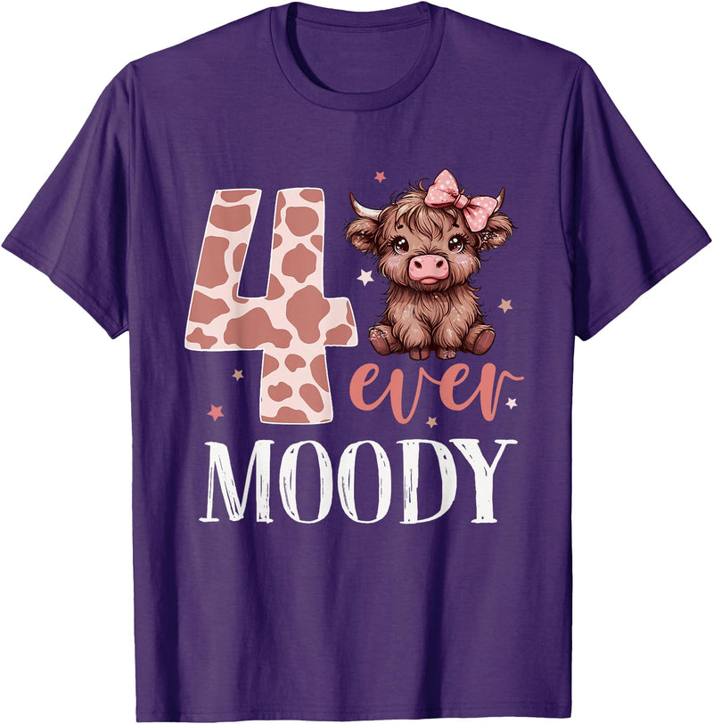 Highland Cow Print 4 Year Old Girl Birthday Gifts 4 Ever Moody Scottish Highland Cow 4th Birthday Girl T-Shirt - Purple