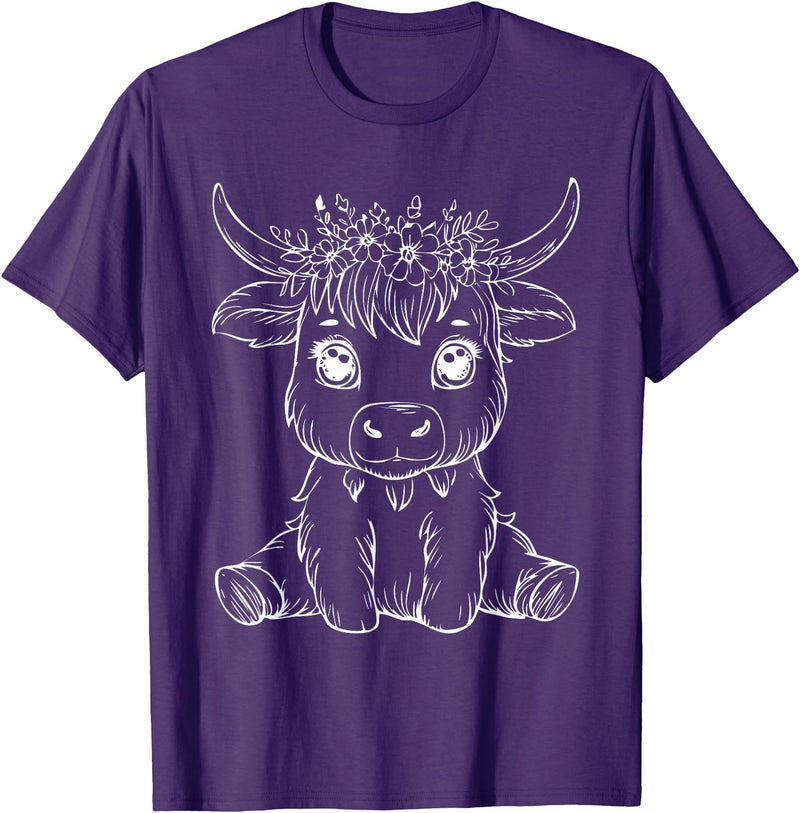 Highland Cow Lover Gifts Apparel and More Cute Highland Cow Flowers Floral Cowboy Farm Country T-Shirt - Purple