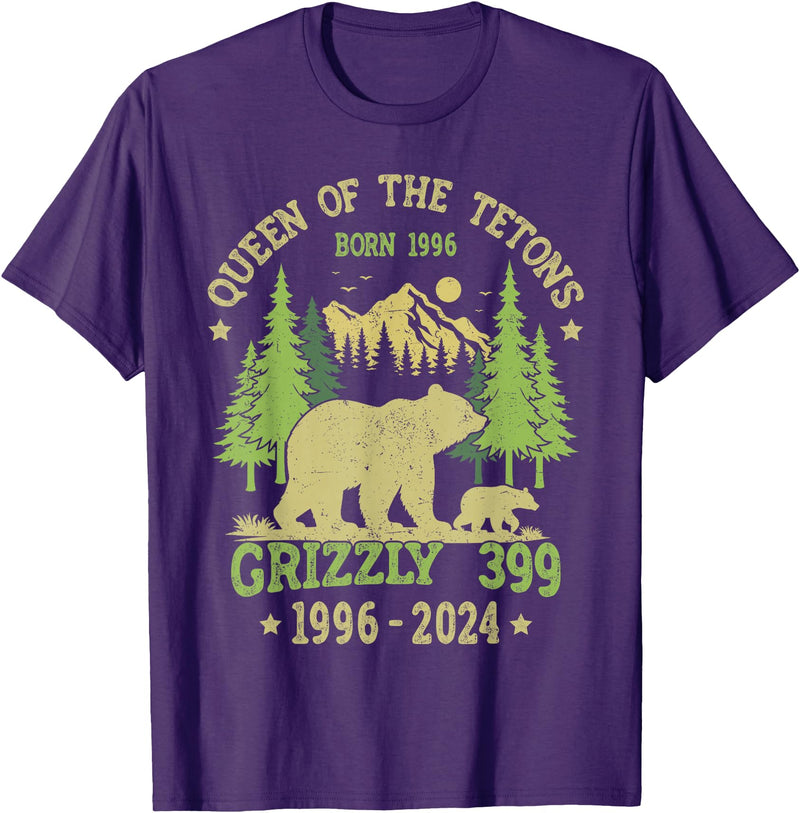 Vintage National Park Outfits Bear Lovers Apparel. Queen Of The Tetons Grizzly 399 National Park 1996-2024 T-Shirt - Purple