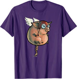 Logic Streetwear Flying Pig Funny Hand Drawn and Painted Art T-Shirt - Purple