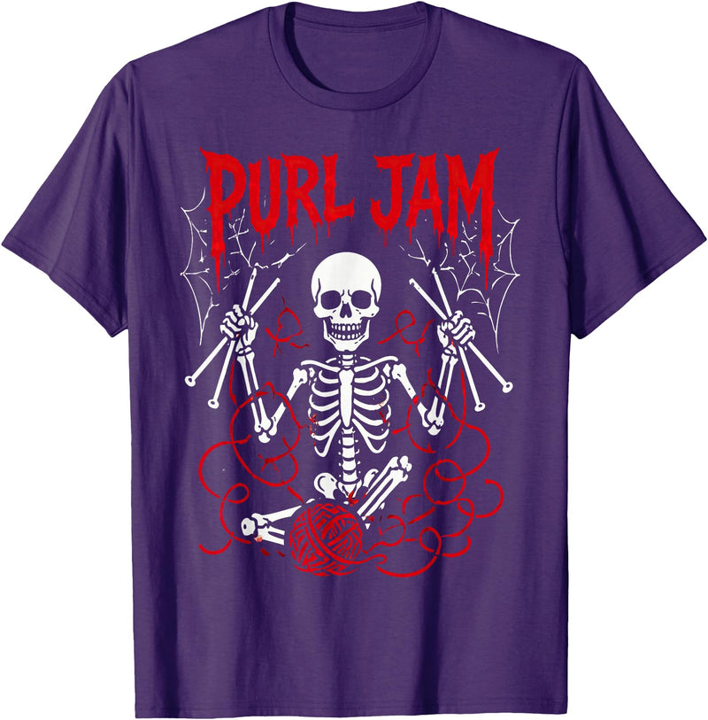 Bone Knitting Co. Purl Jam Skeleton Knitting Craft Lover Funny Design T-Shirt - Purple