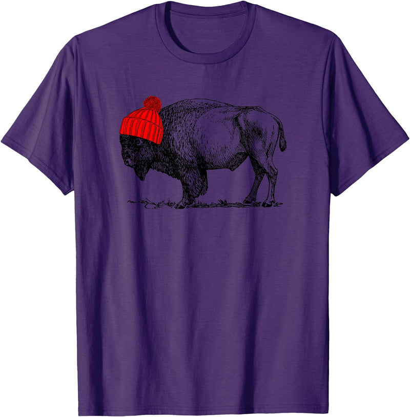 Buffalo Beanie Buffalo Wearing a Beanie Stocking Hat T-Shirt T-Shirt - Purple