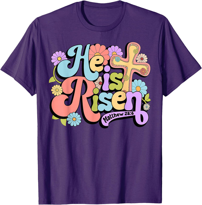 Floral He Is Risen Happy Easter Christian Bible Verse Faith T-Shirt in Purple