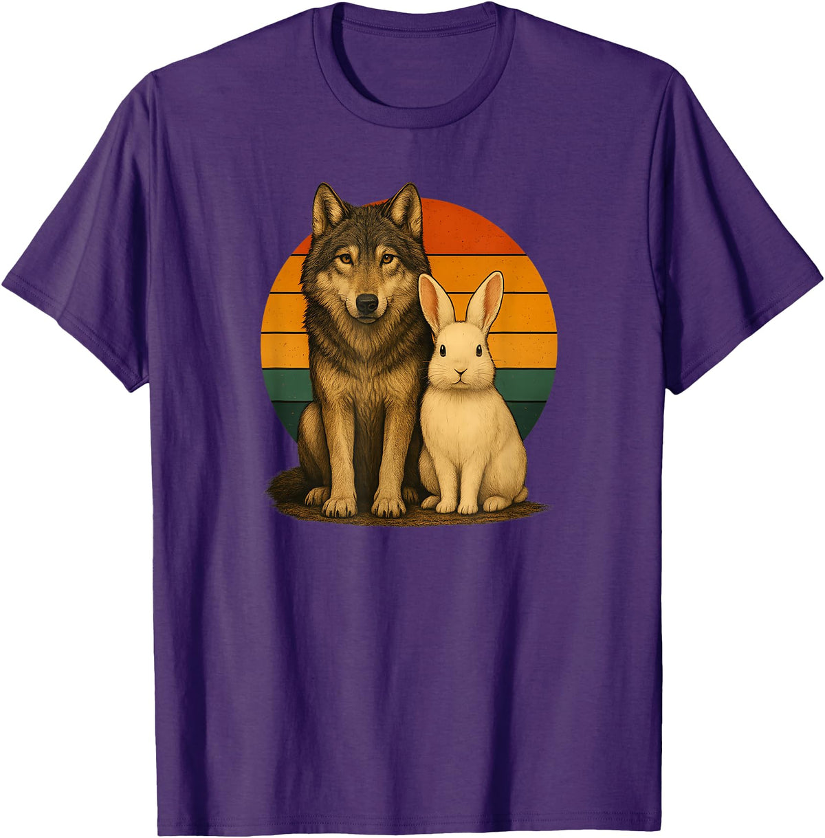 Wolf Rabbit Retro Animal Friends T-Shirt in Purple