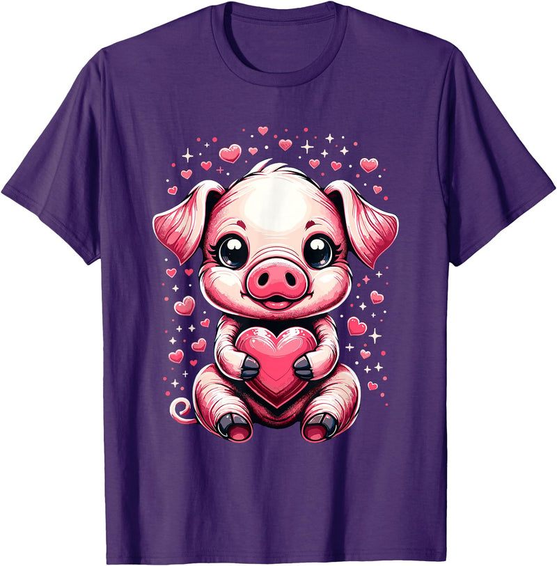 Cute Pig Valentine Apparel Pig Holding Heart Valentine's Day Cute Valentine T-Shirt - Purple