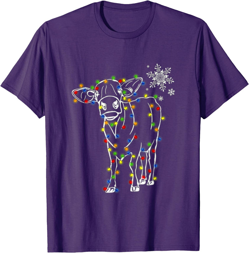 Cow Christmas Light Tree Cow Xmas Snow Lover T-Shirt - Purple