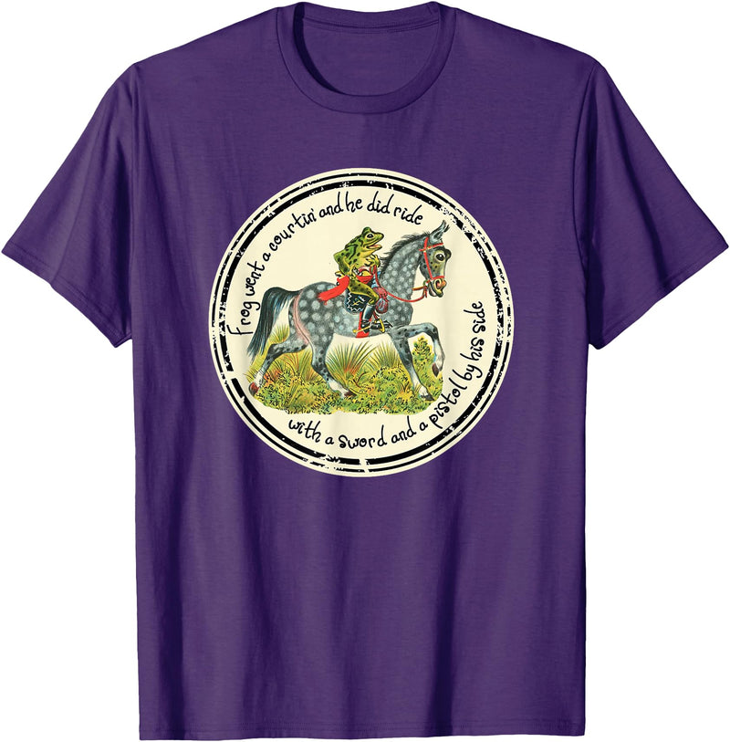 Brown County General Frog Went a Courtin Riding Horse with Sword Folk Tale T-Shirt - Purple