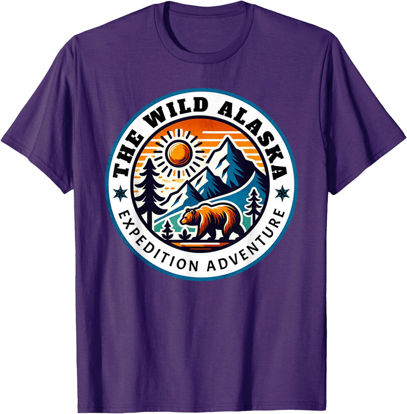 Hiking Glacier Bear and Alaska Frontier Apparel Glacier Mountain Landscape and Alaskan Bear Wildlife T-Shirt - Purple