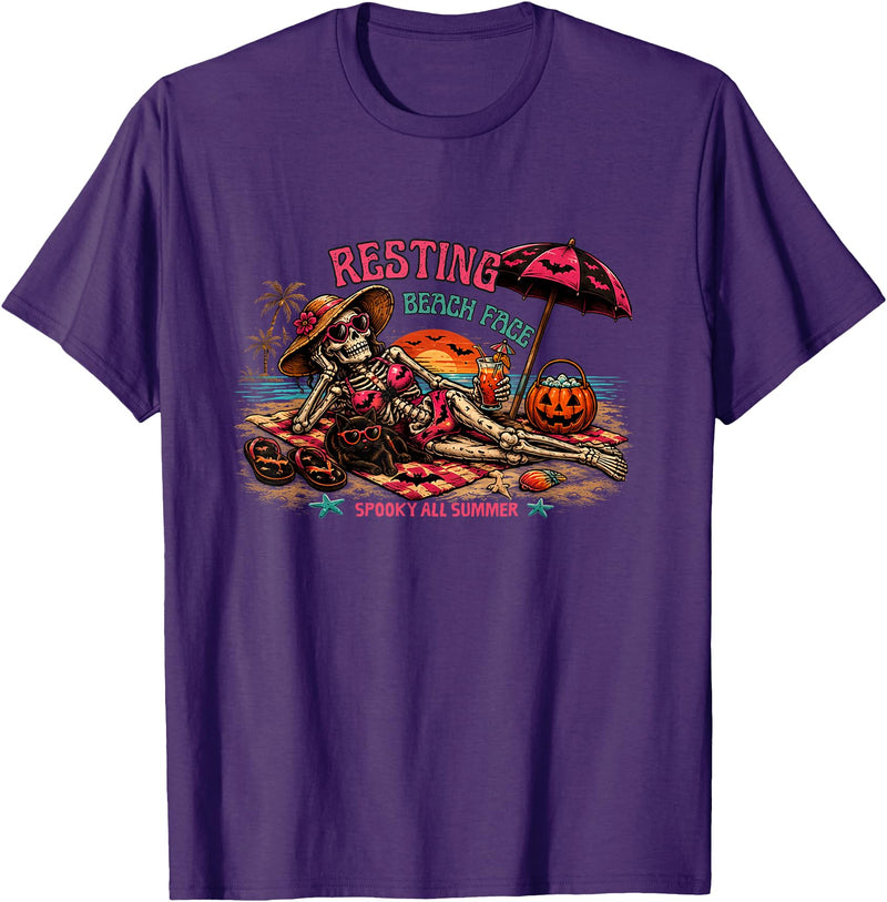 Spooky Summer Vibes retro summerween halloween Funny Skeleton Beach Halloween Resting Beach Face summerween T-Shirt - Purple
